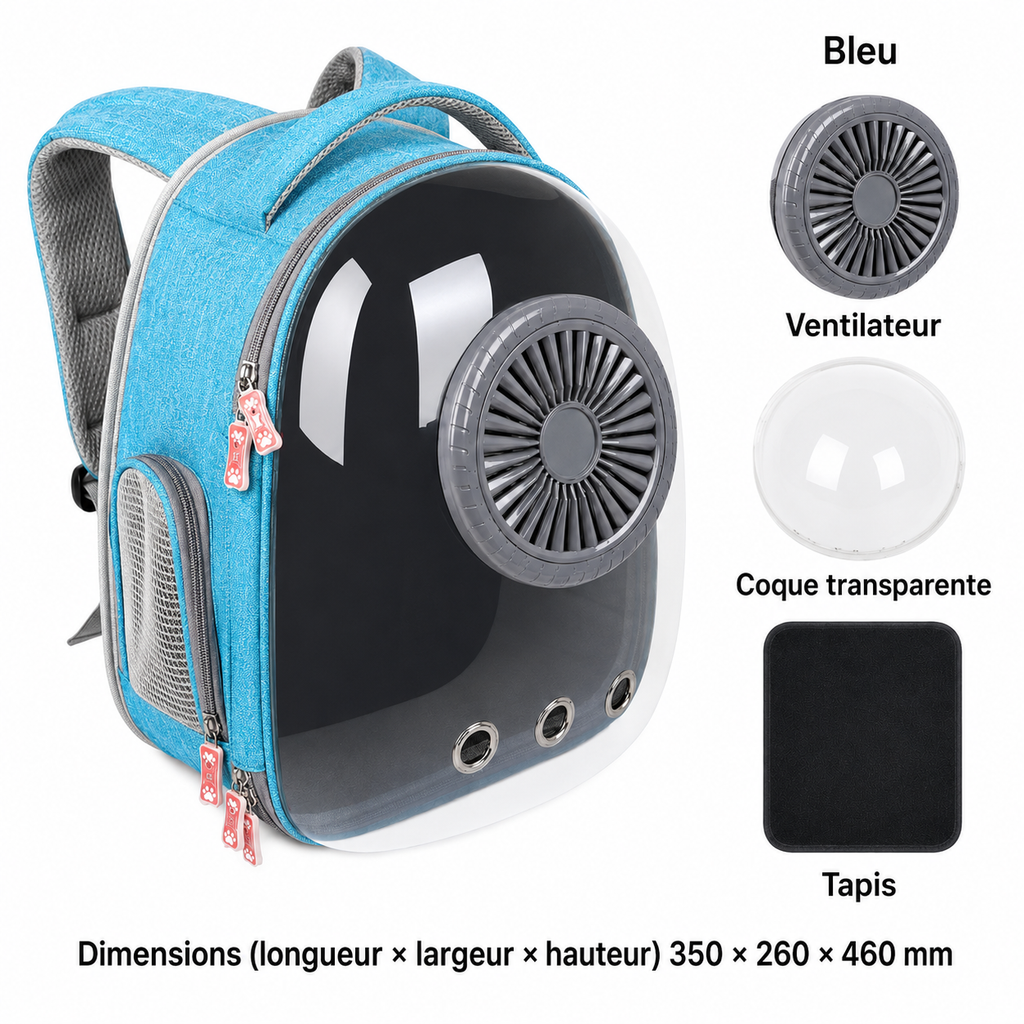 Sac à dos de transport ventilé bleu pour chat et petit chien avec ventilateur, coque transparente, tapis et dimensions en français