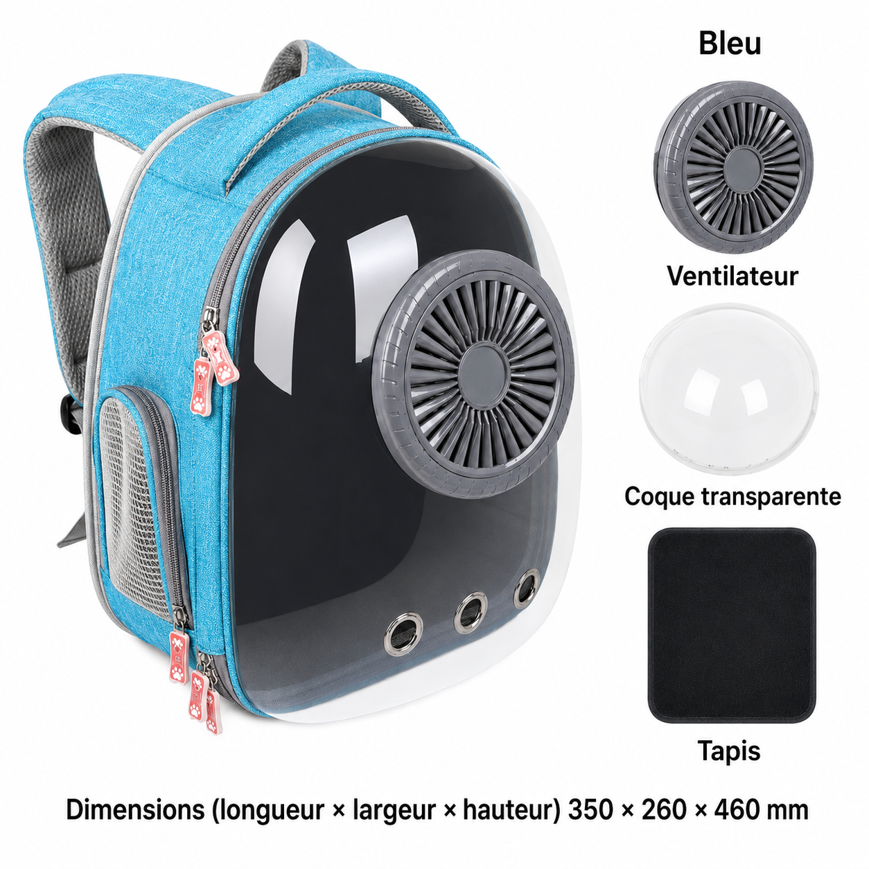 Sac à dos de transport ventilé bleu pour chat et petit chien avec ventilateur, coque transparente, tapis et dimensions en français