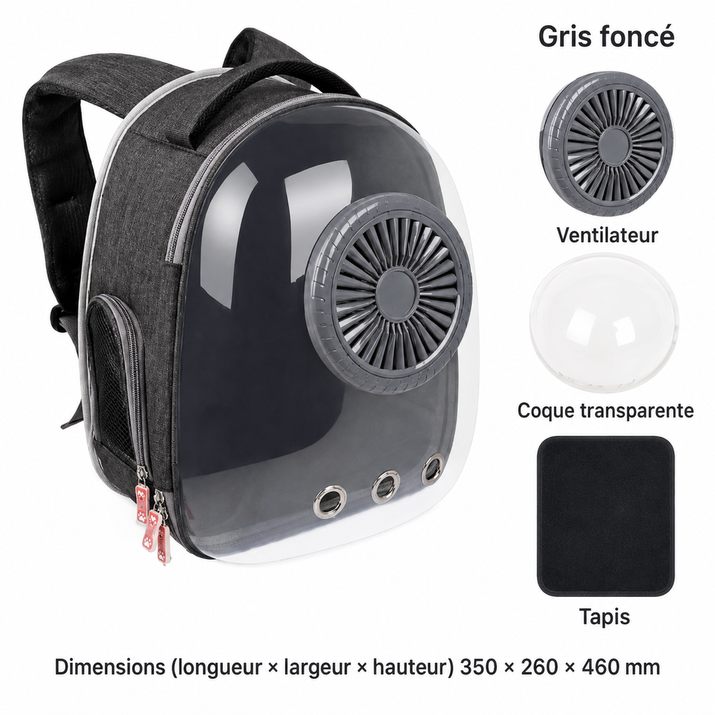 Sac à dos de transport ventilé gris foncé pour chat et petit chien avec ventilateur, coque transparente, tapis et dimensions en français