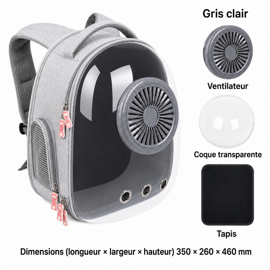 Sac à dos de transport ventilé gris clair pour chat et petit chien avec ventilateur, coque transparente, tapis et dimensions en français